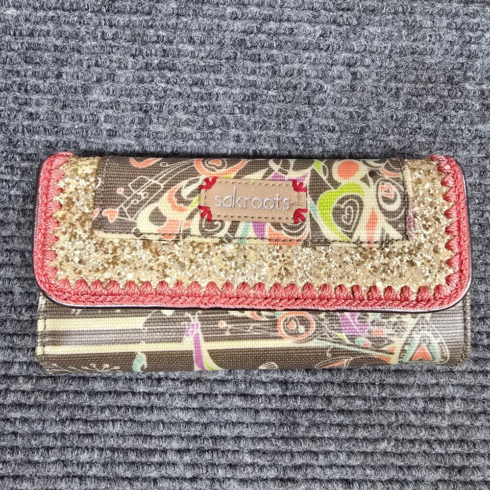 Sakroots Artist Circle Trifold Wallet Gold Glitter Boho Peace Crochet Canvas